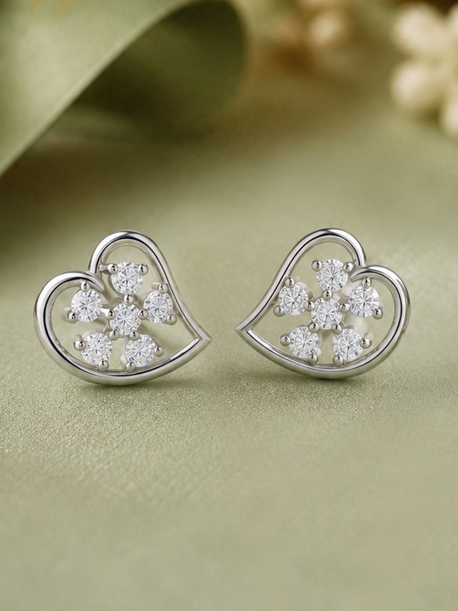 925 Silver American Diamond Heart Stud Earrings for Women