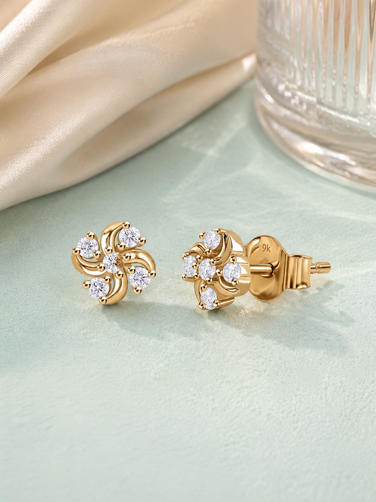 9K Yellow Gold Lab Grown Diamond Pinwheel Stud Earrings