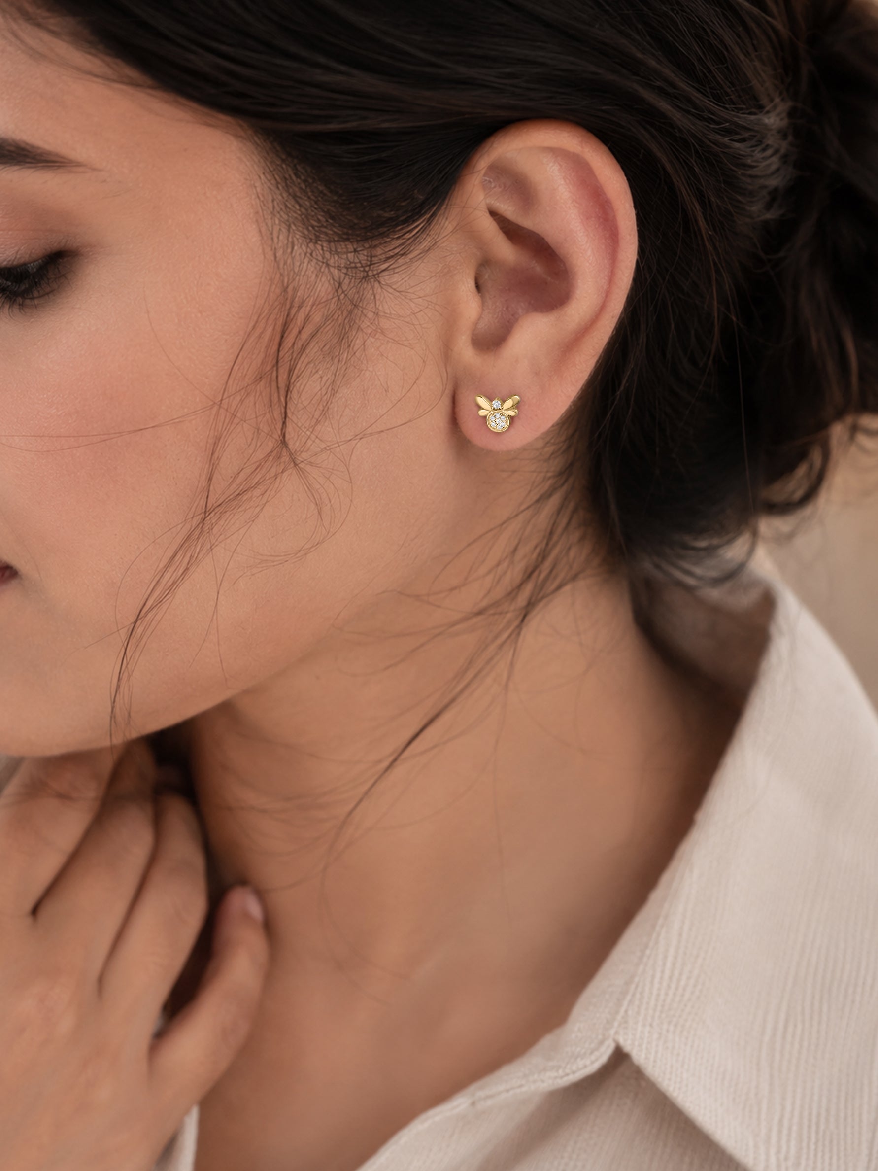 9K Yellow Gold Lab Grown Diamond Honeybee Stud Earrings