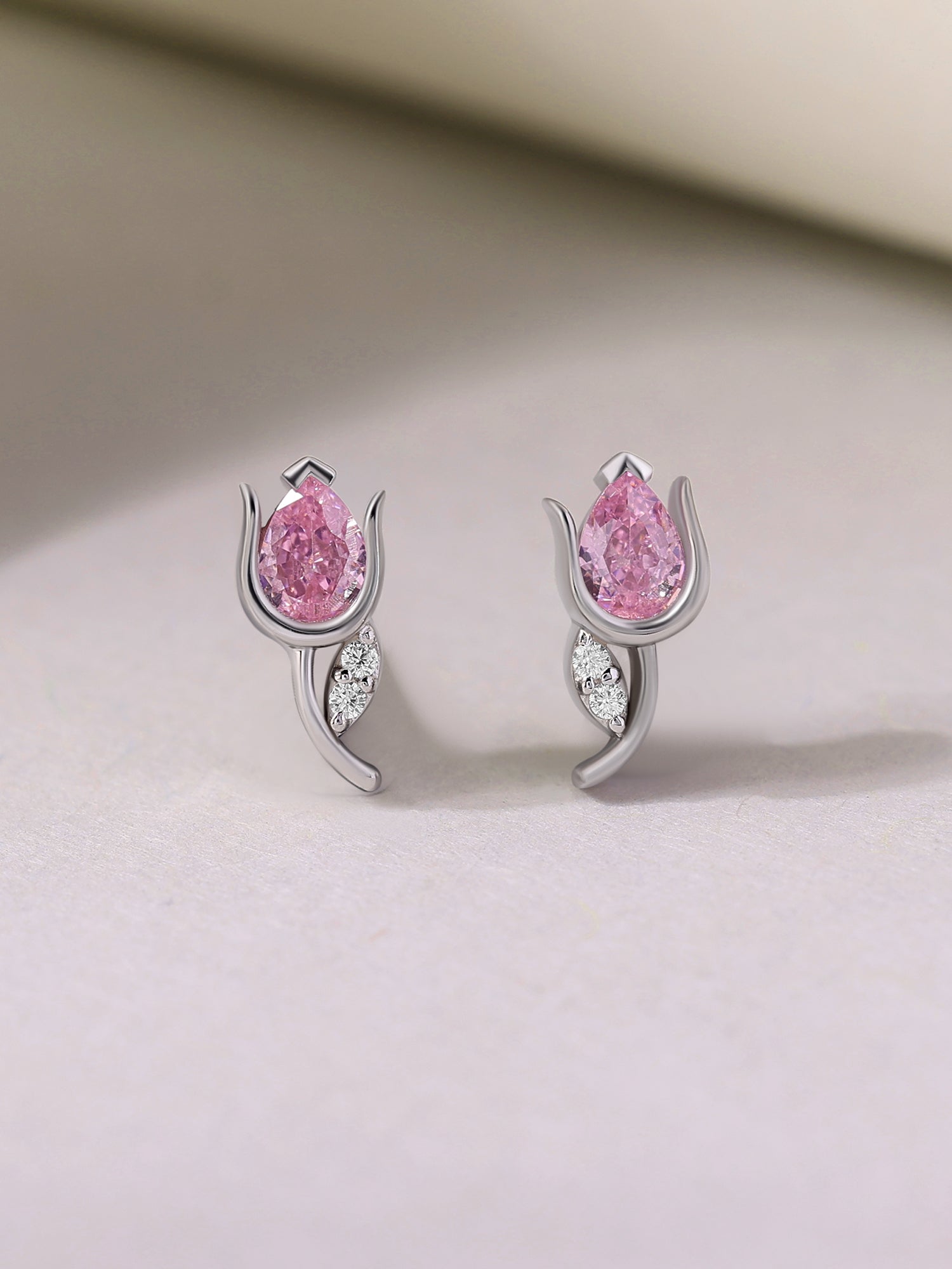Tulip Pink CZ Stone Silver Earrings for Women