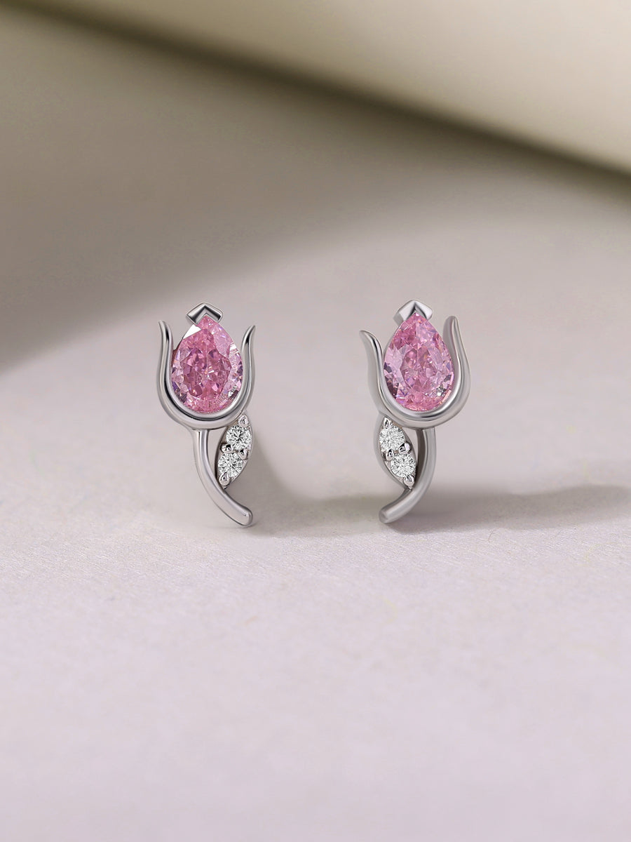 Tulip Pink CZ Stone Silver Earrings for Women