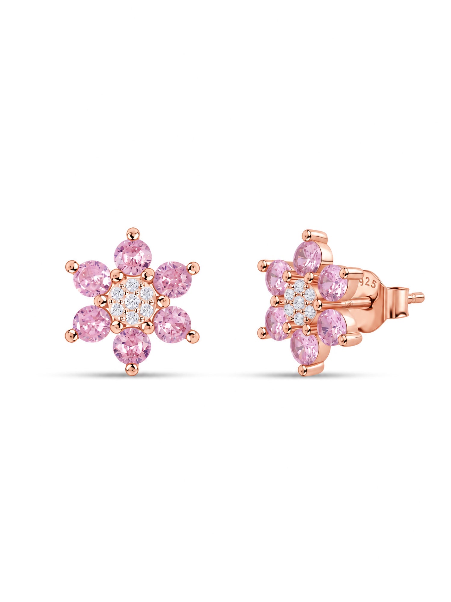 Flower Cluster Pink CZ Rose Gold Plated Silver Earrings