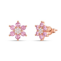 Flower Cluster Pink CZ Rose Gold Plated Silver Earrings