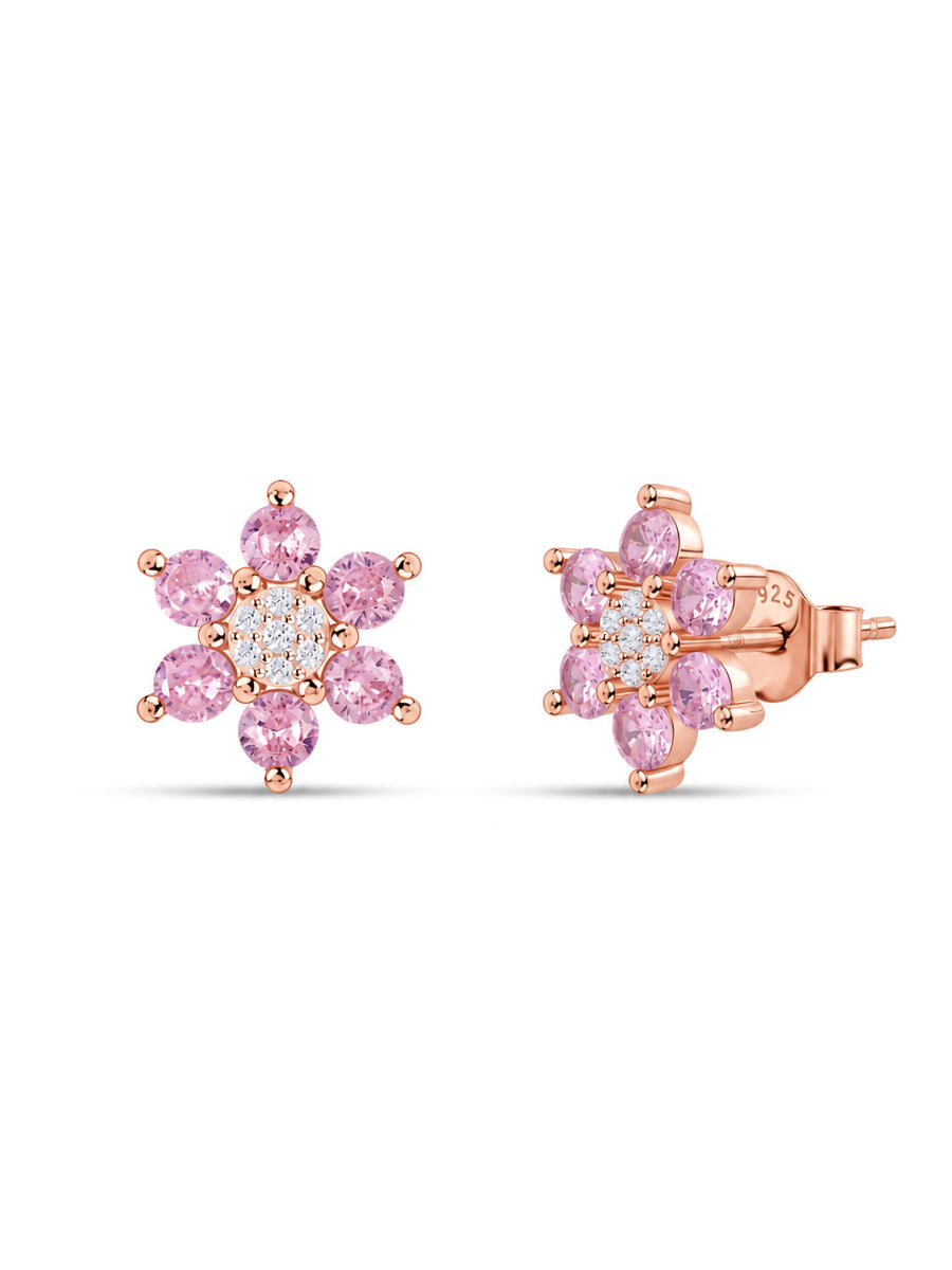 Flower Cluster Pink CZ Rose Gold Plated Silver Earrings