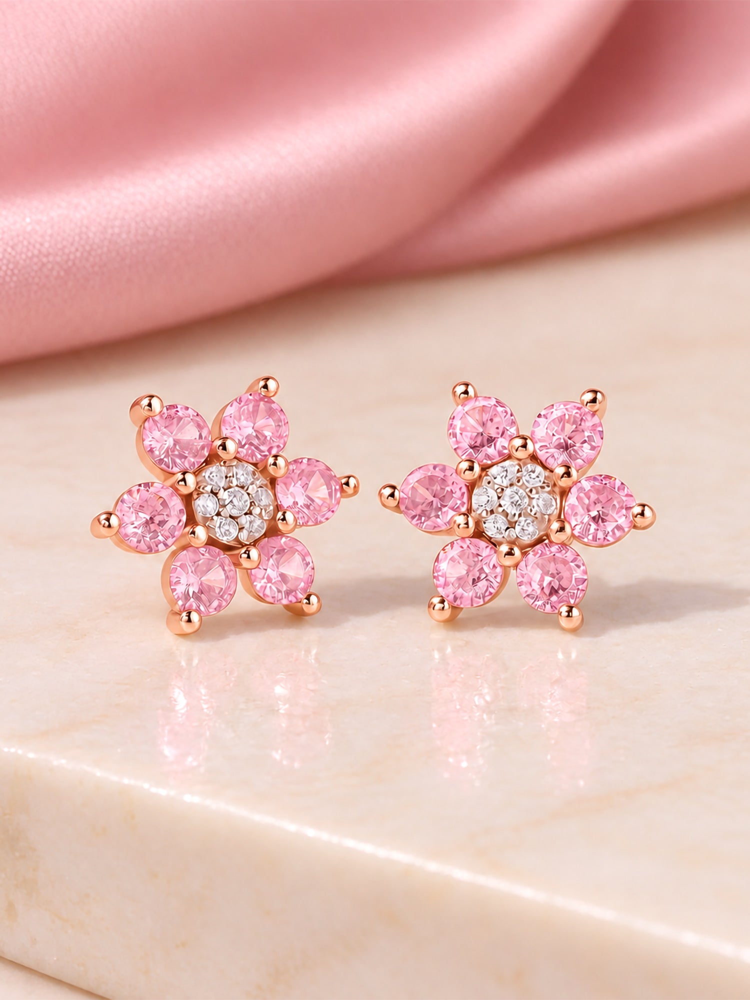 Flower Cluster Pink CZ Rose Gold Plated Silver Earrings