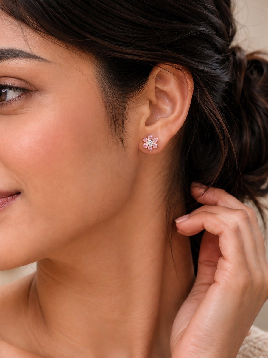 Flower Cluster Pink CZ Rose Gold Plated Silver Earrings
