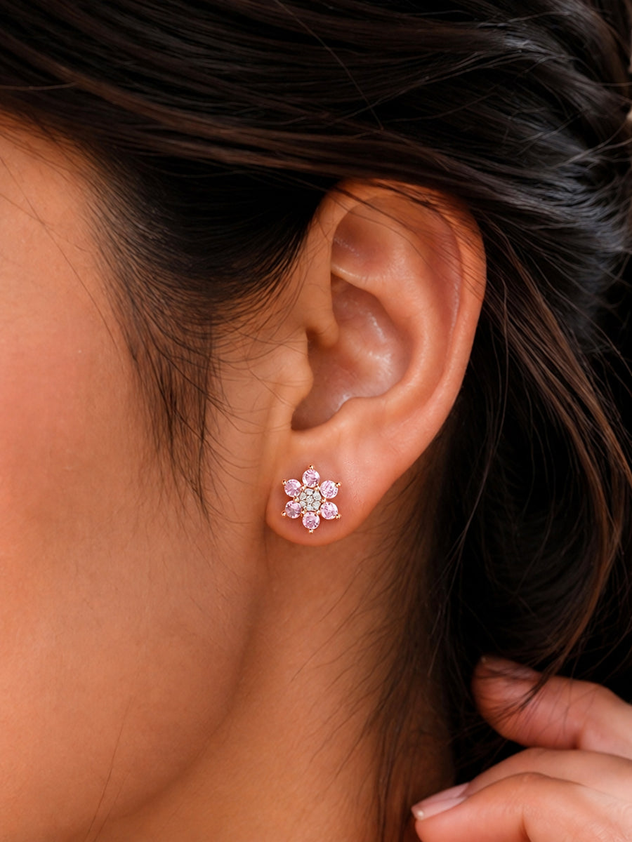 Flower Cluster Pink CZ Rose Gold Plated Silver Earrings