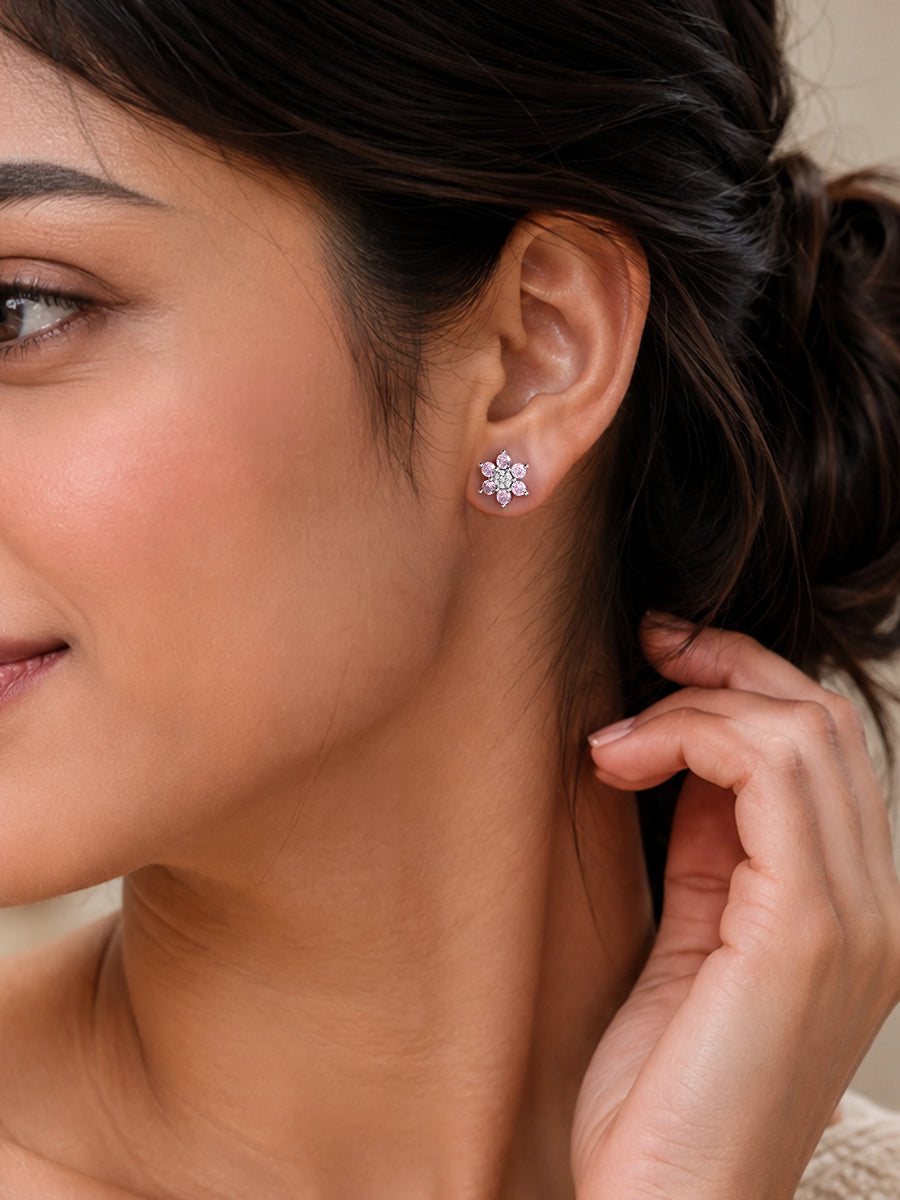 Flower Cluster Pink CZ Silver Earrings for Women