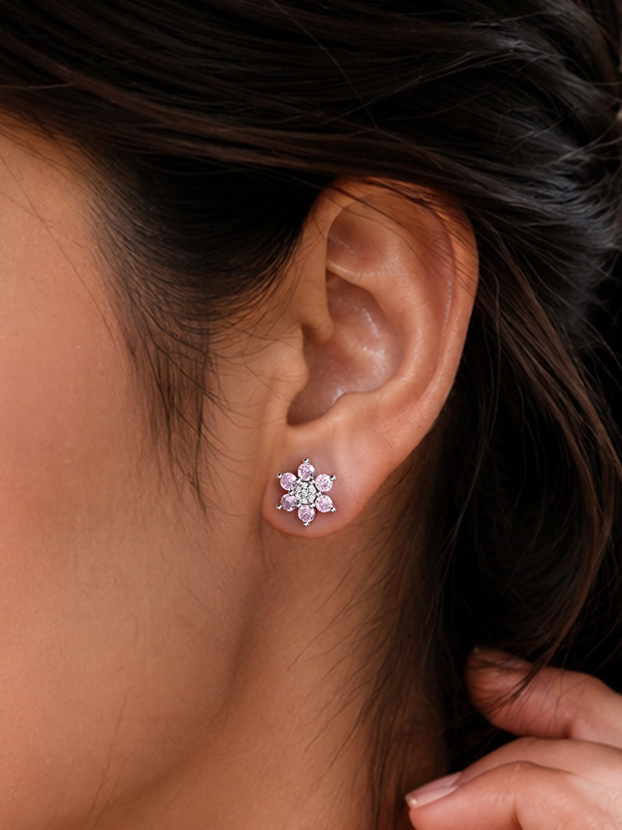 Flower Cluster Pink CZ Silver Earrings for Women