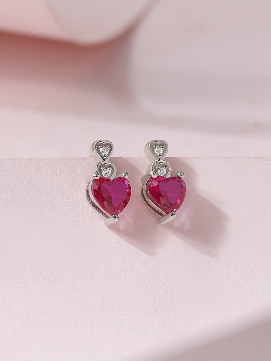 Red Ruby CZ Silver Heart Earrings for Women