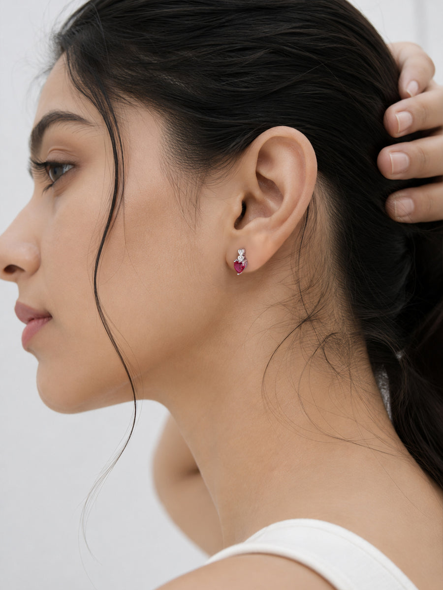 Red Ruby CZ Silver Heart Earrings for Women