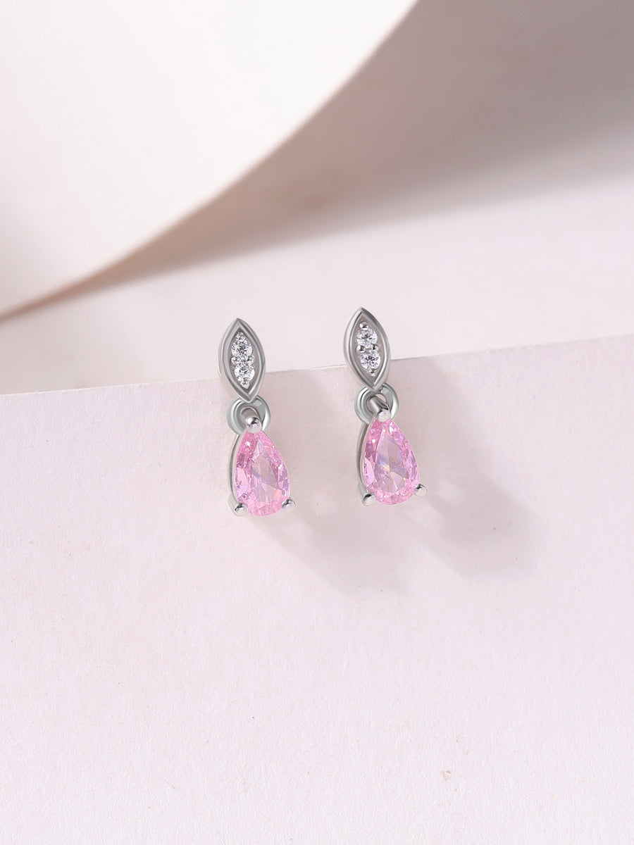 Pear Drop Pink CZ Stone Silver Earrings for Women