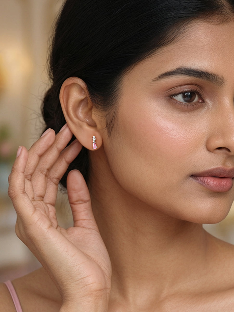 Pear Drop Pink CZ Stone Silver Earrings for Women
