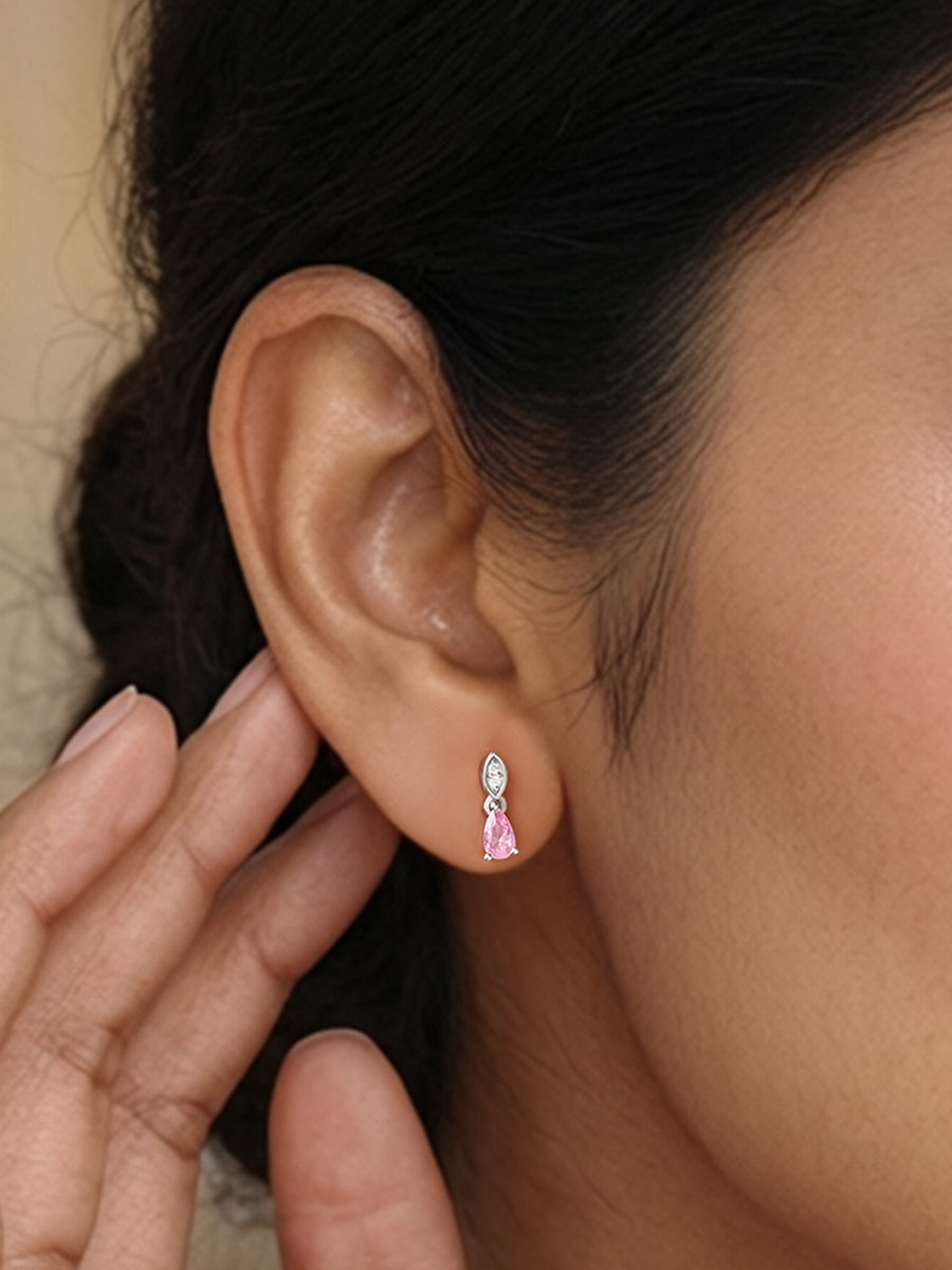 Pear Drop Pink CZ Stone Silver Earrings for Women