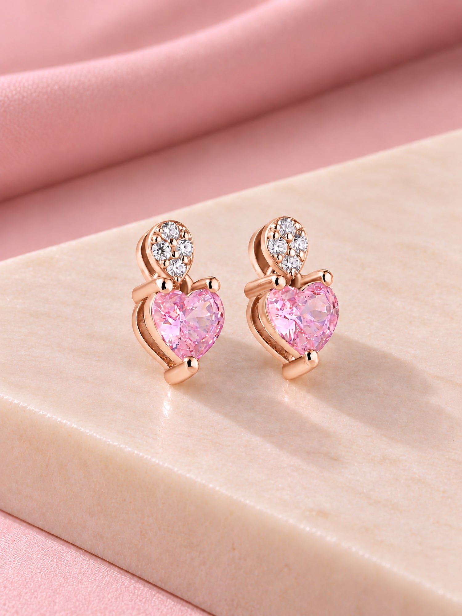 Pink CZ Heart Rose Gold Plated Silver Stud Earrings