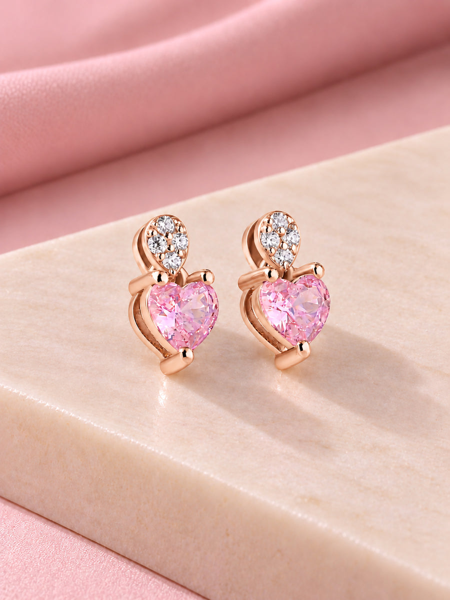 Pink CZ Heart Rose Gold Plated Silver Stud Earrings