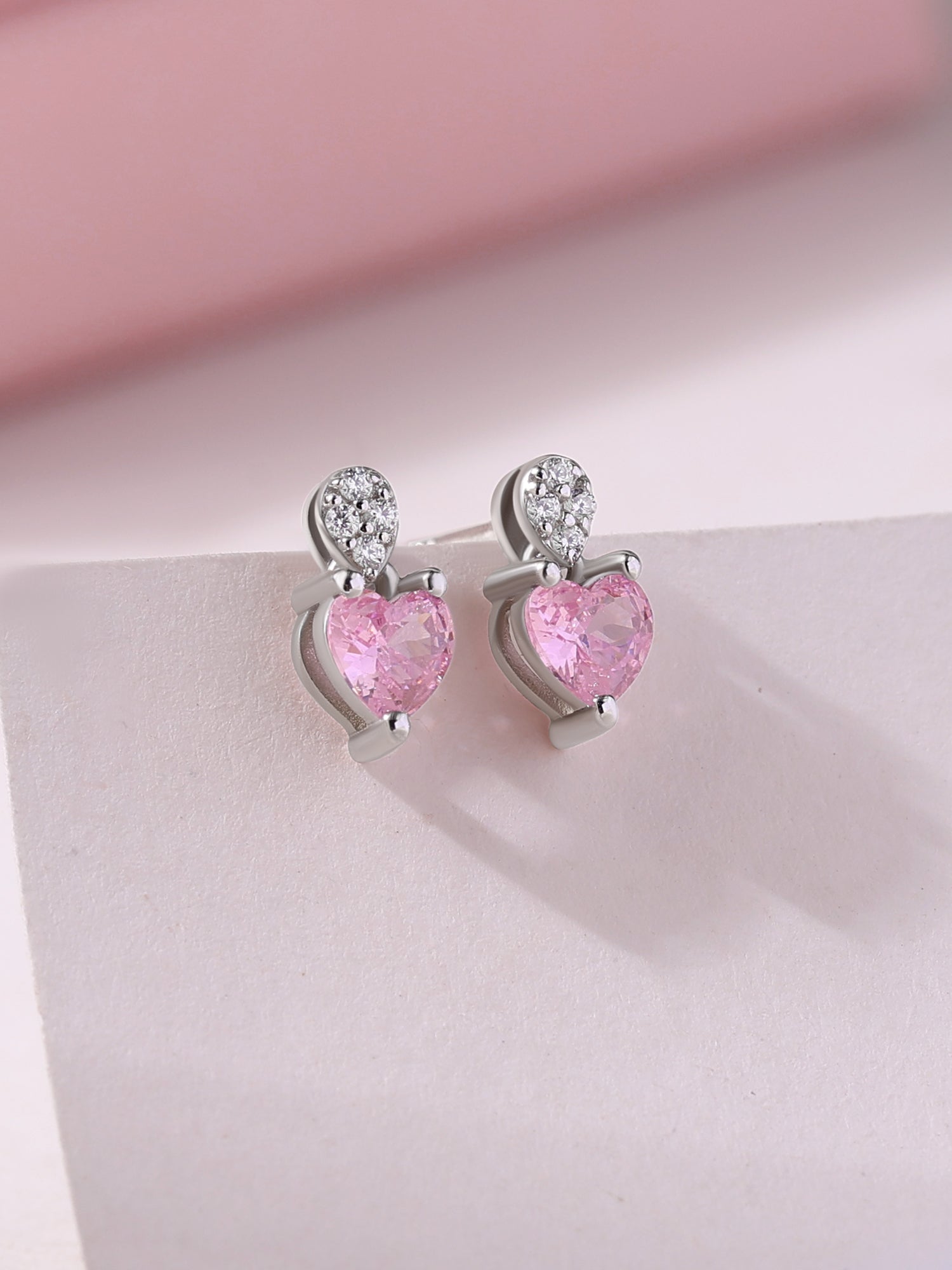 Pink CZ Heart Silver Stud Earrings for Women
