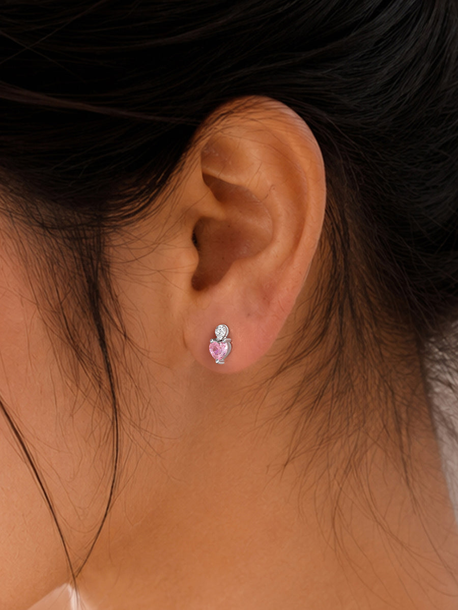 Pink CZ Heart Silver Stud Earrings for Women