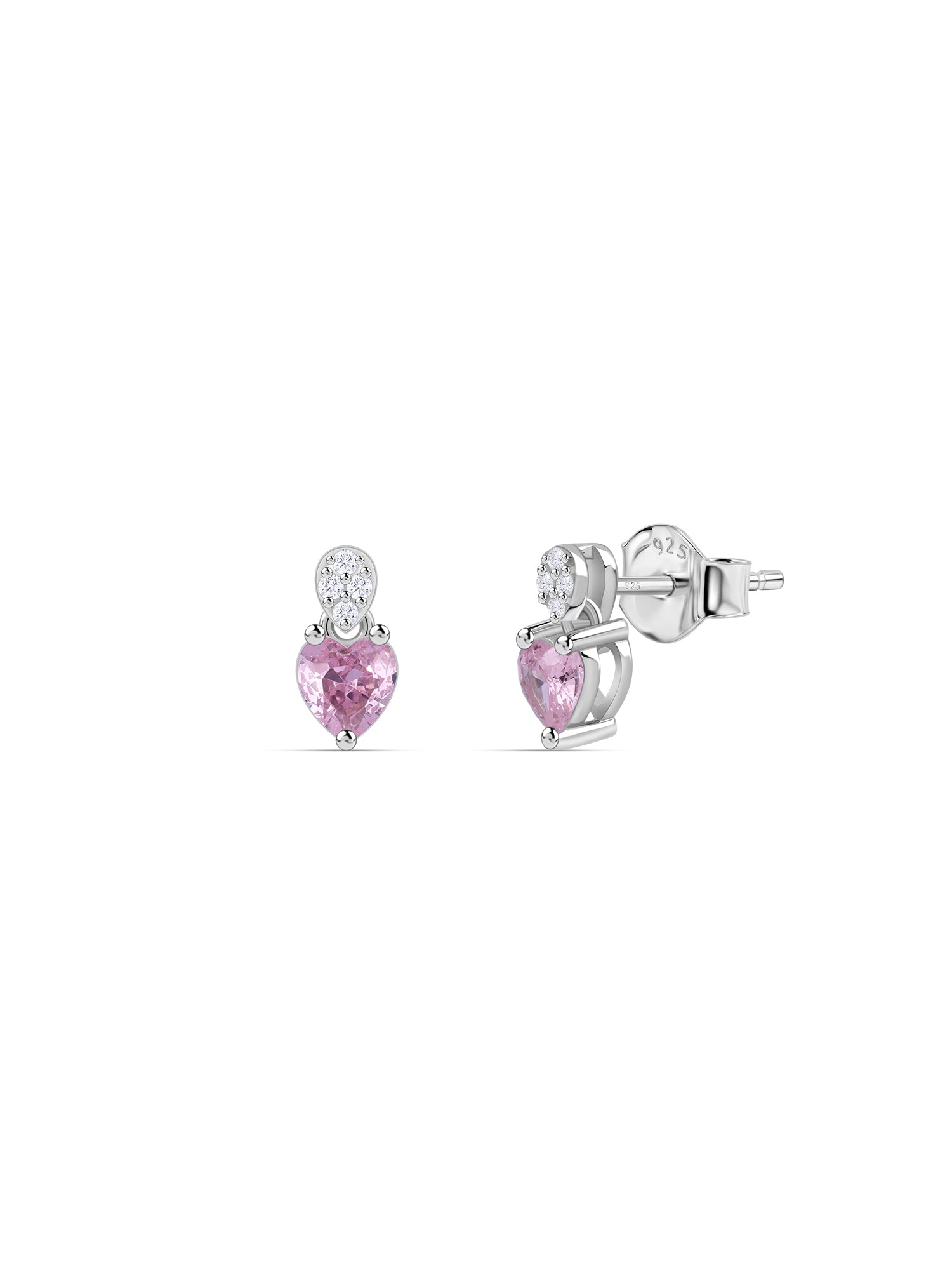 Pink CZ Heart Silver Stud Earrings for Women