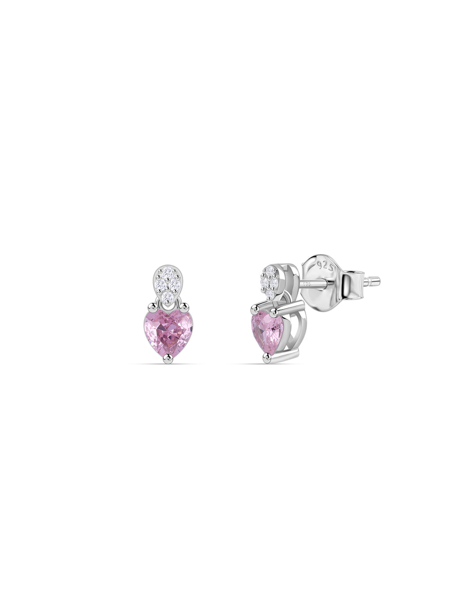 Pink CZ Heart Silver Stud Earrings for Women