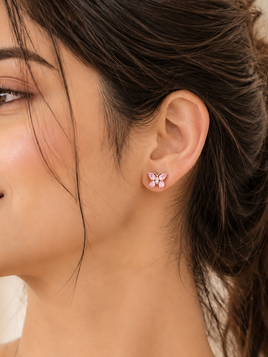 Butterfly Pink CZ Rose Gold Plated Silver Earrings