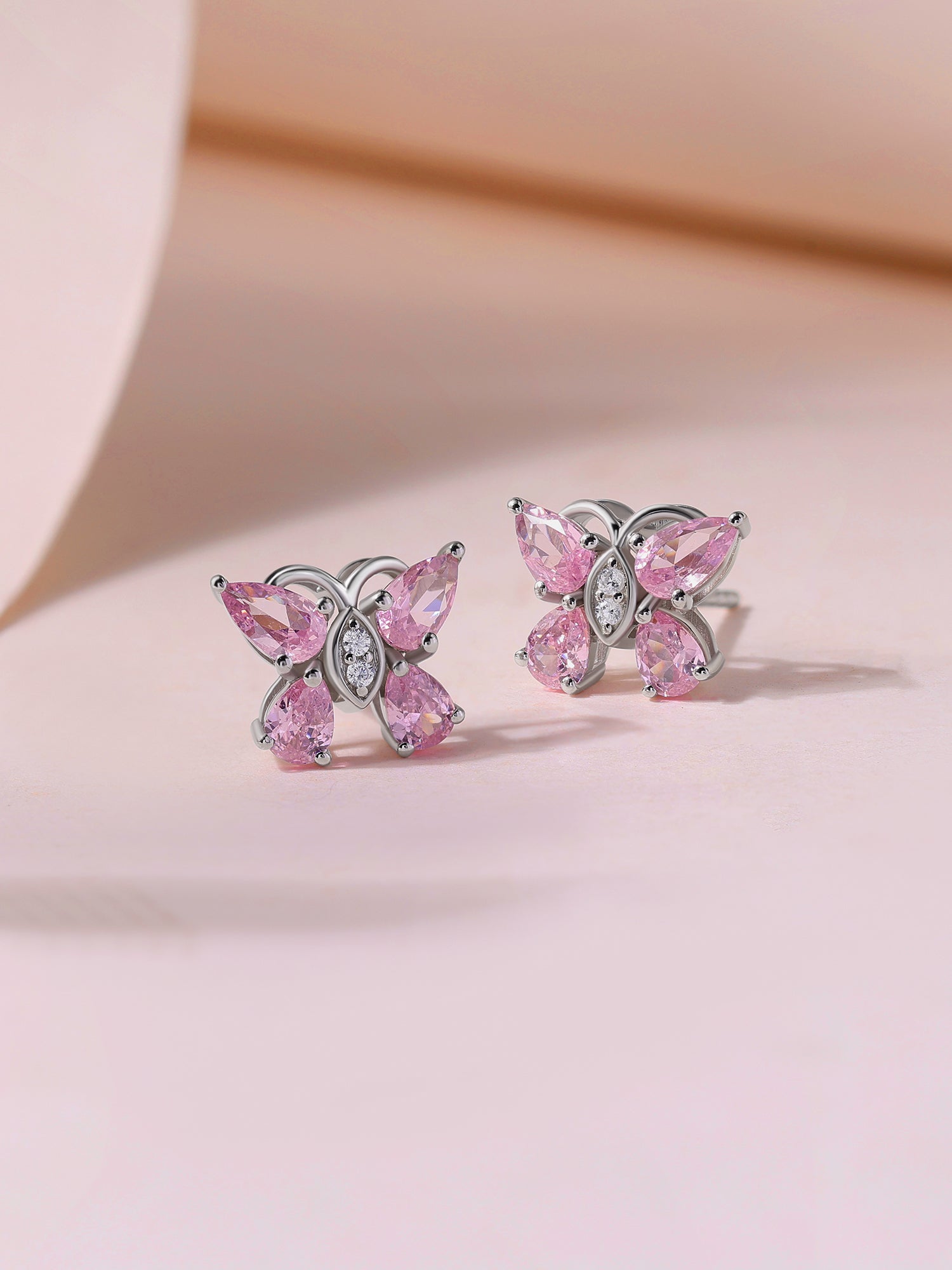 Butterfly Pink CZ Stone Silver Earrings for Women