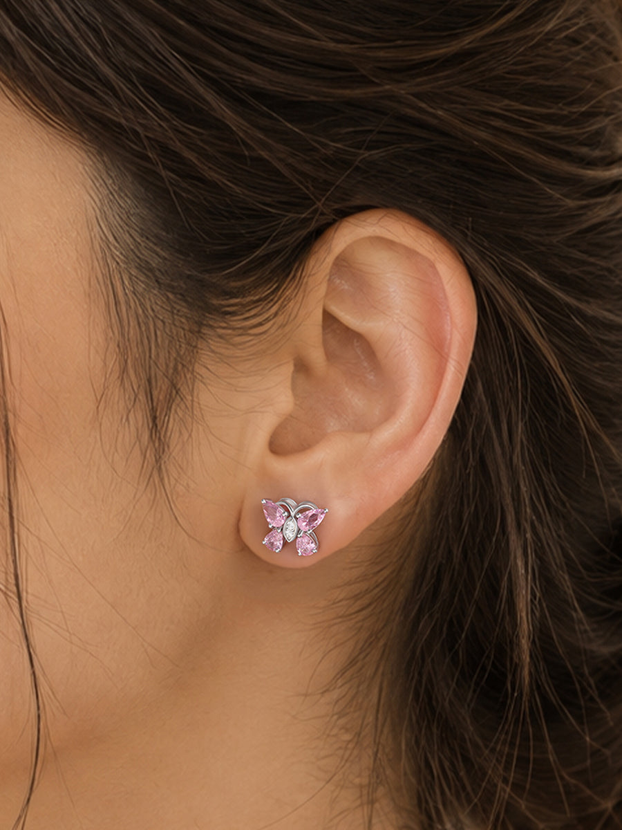 Butterfly Pink CZ Stone Silver Earrings for Women