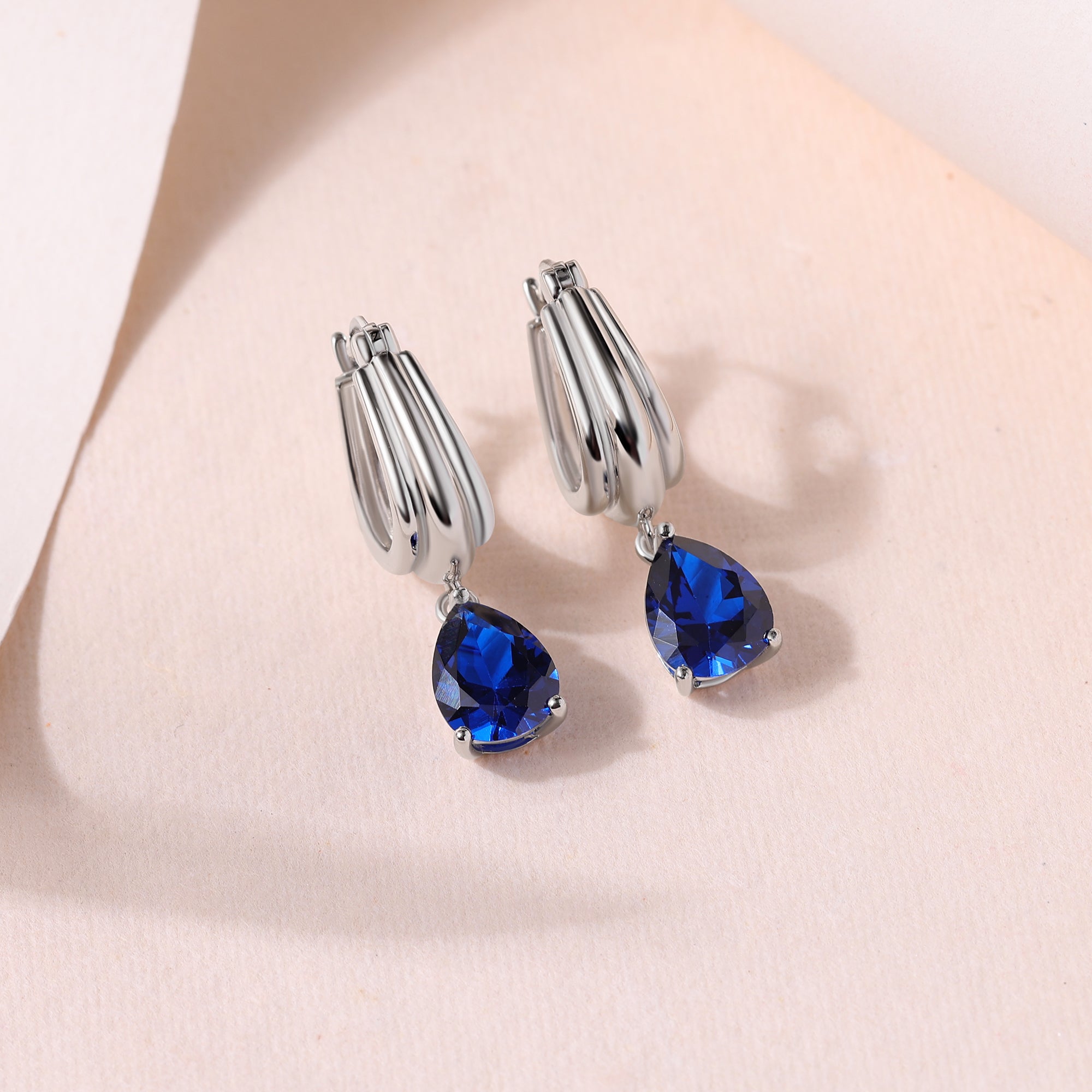 Silver Blue Sapphire CZ Pear Drop Hoop Earrings