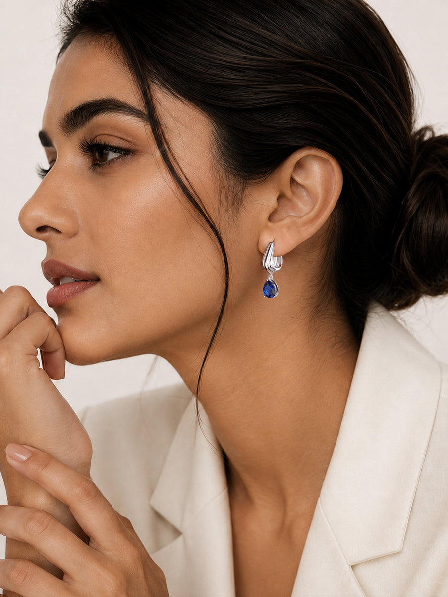 Silver Blue Sapphire CZ Pear Drop Hoop Earrings