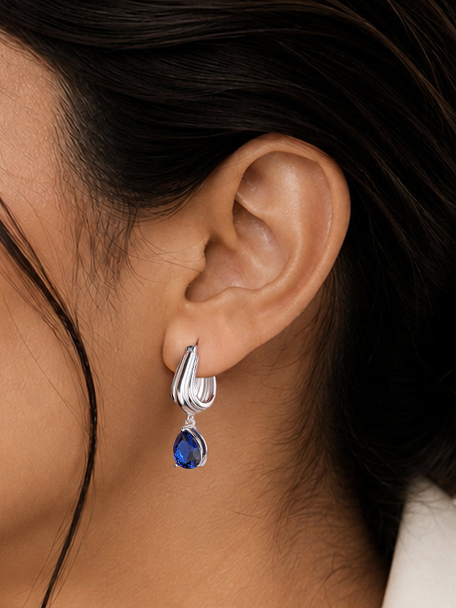 Silver Blue Sapphire CZ Pear Drop Hoop Earrings