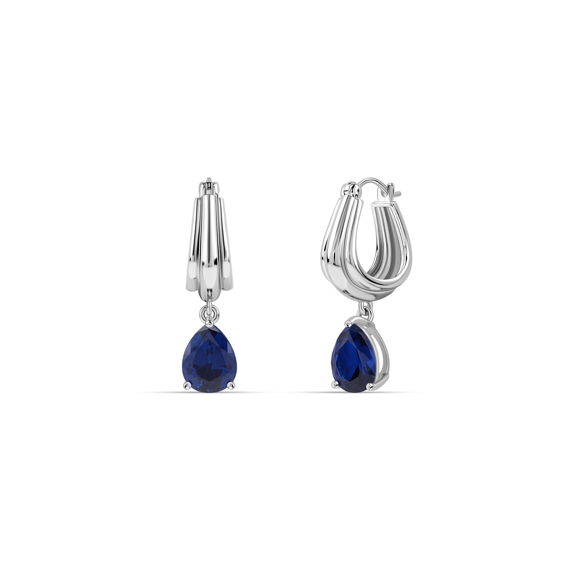 Silver Blue Sapphire CZ Pear Drop Hoop Earrings