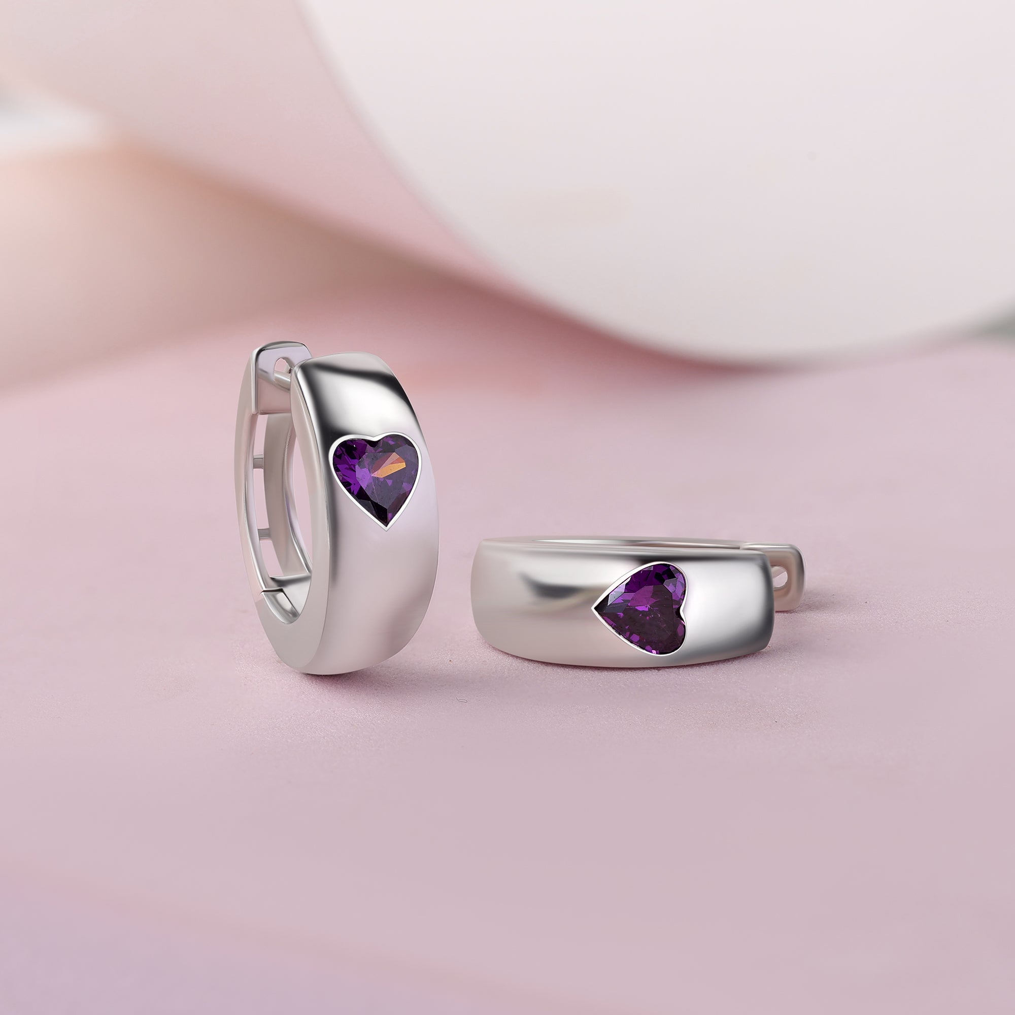 Silver Purple Amethyst CZ Heart Huggie Earrings