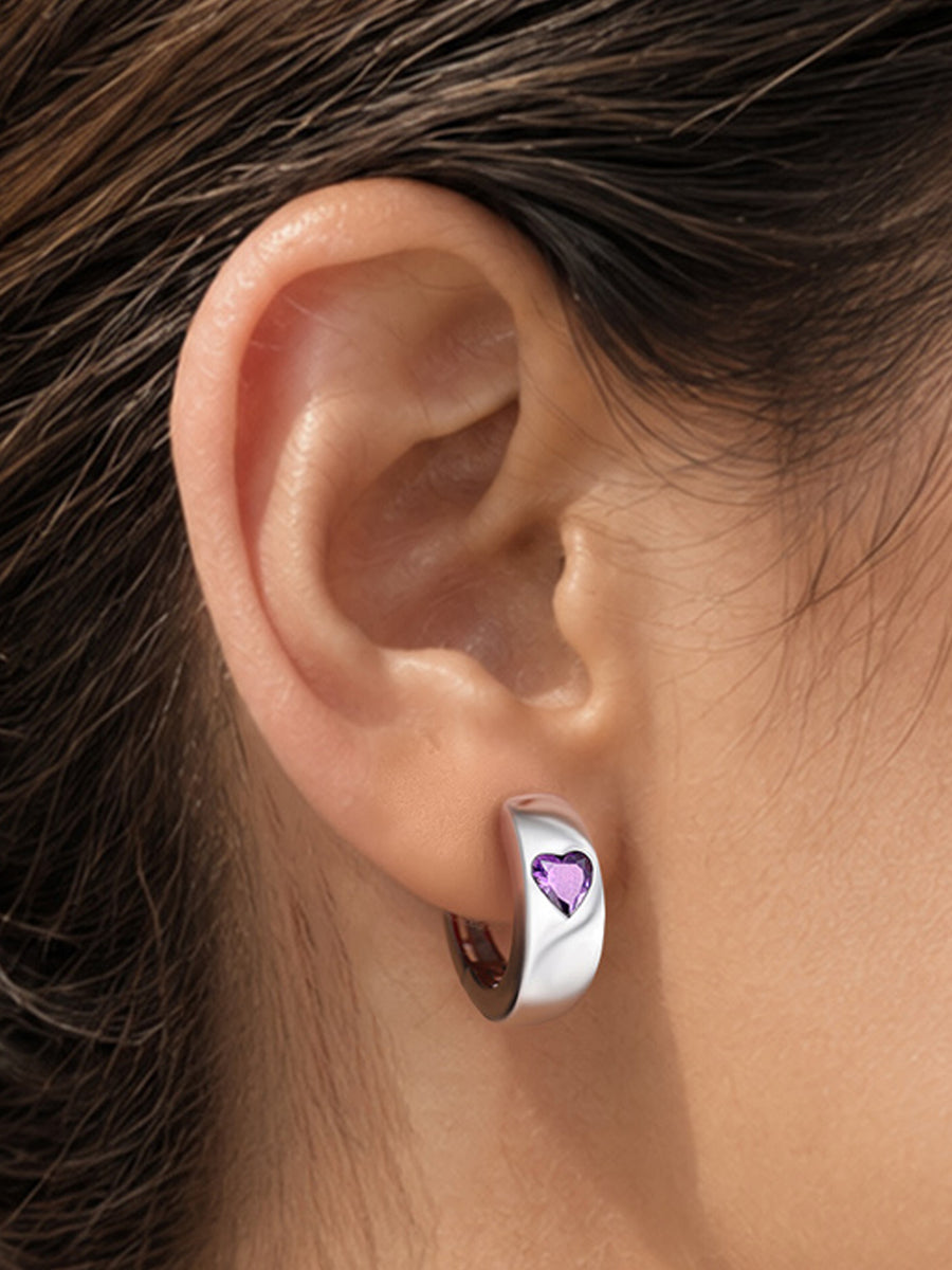 Silver Purple Amethyst CZ Heart Huggie Earrings