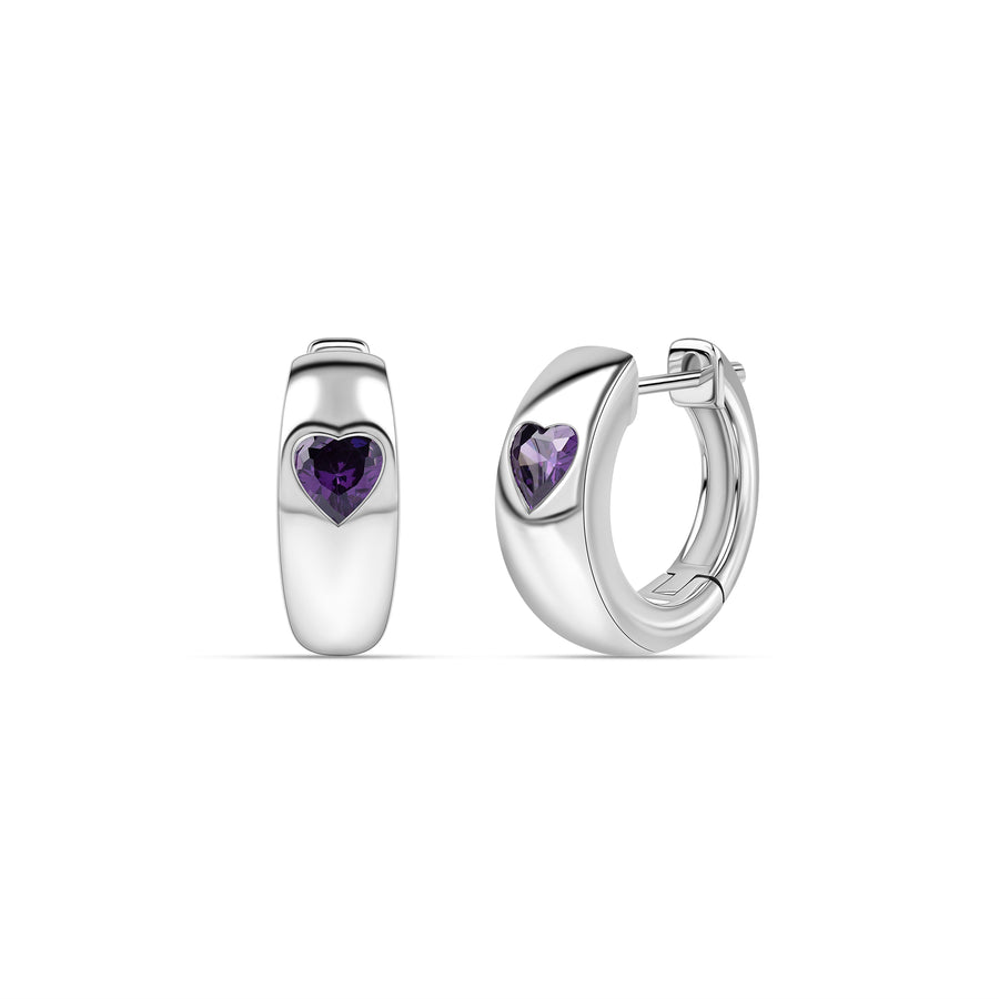 Silver Purple Amethyst CZ Heart Huggie Earrings