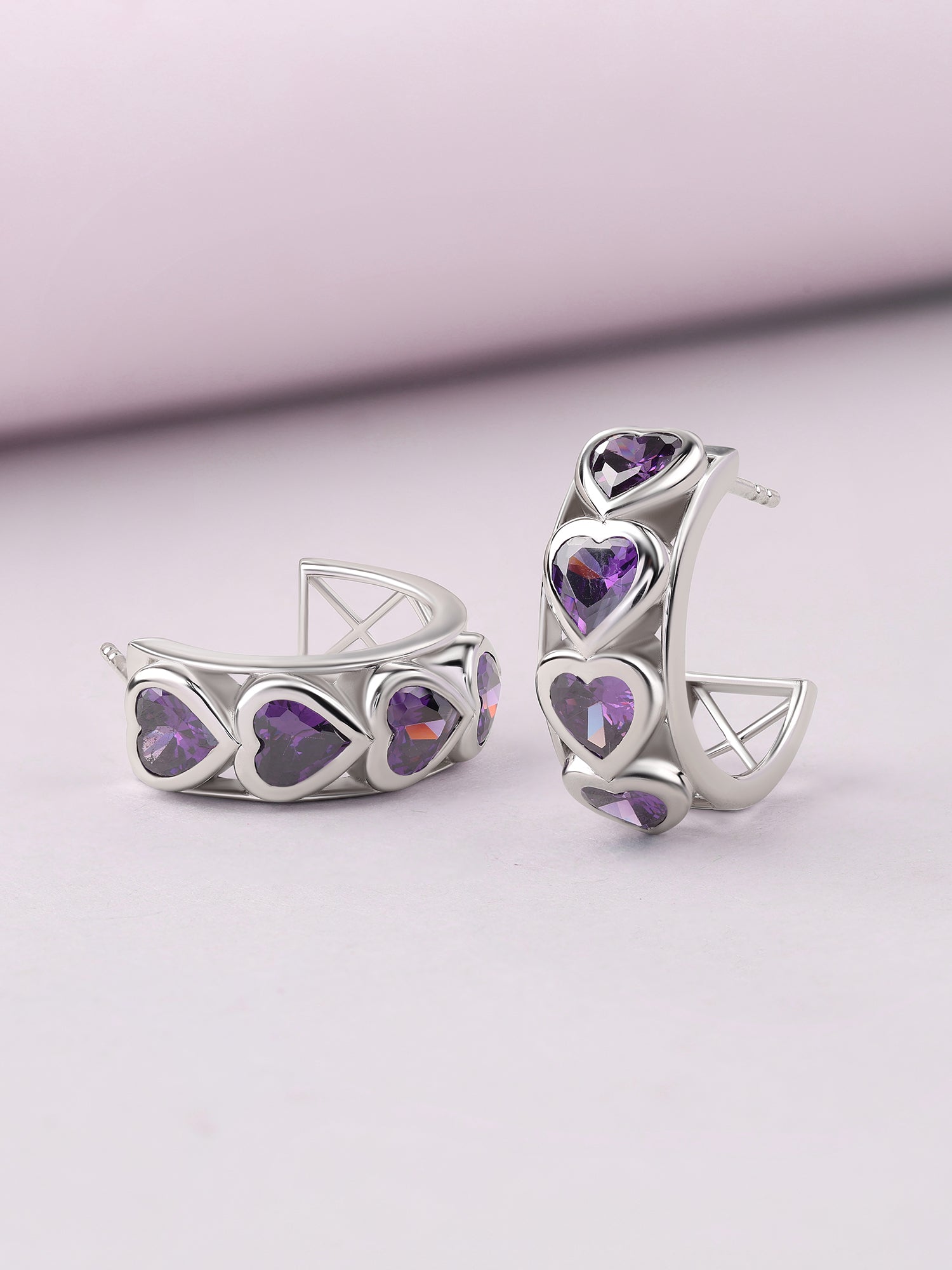 Silver Purple Amethyst CZ Triple Heart Hoop Earrings