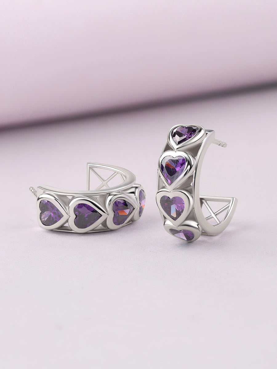 Silver Purple Amethyst CZ Triple Heart Hoop Earrings