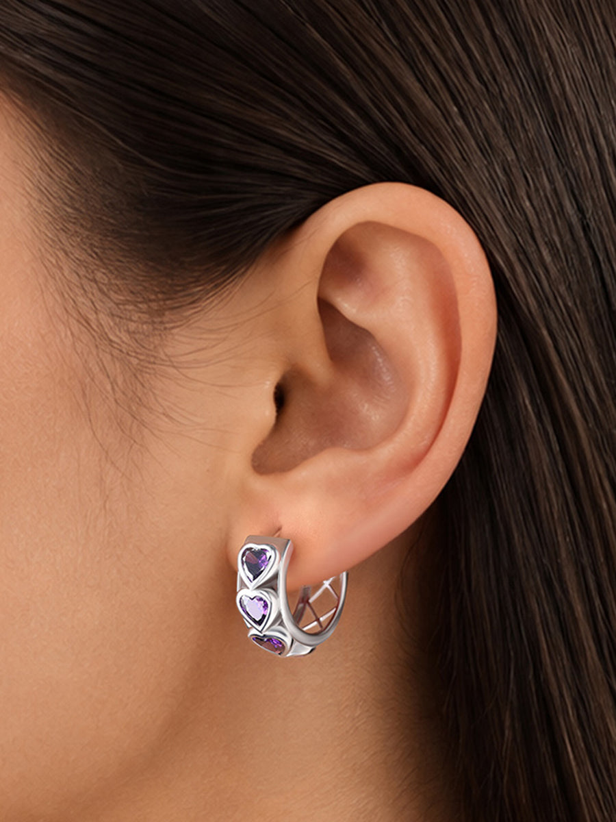 Silver Purple Amethyst CZ Triple Heart Hoop Earrings