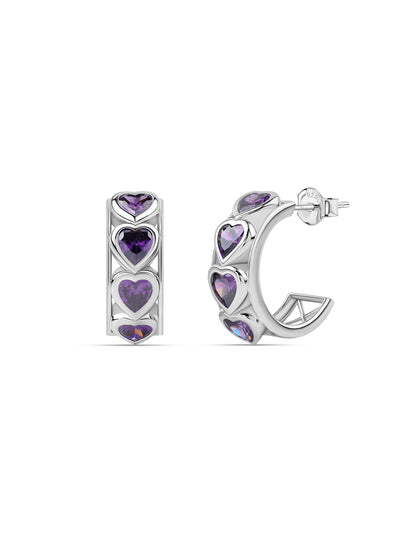 Silver Purple Amethyst CZ Triple Heart Hoop Earrings