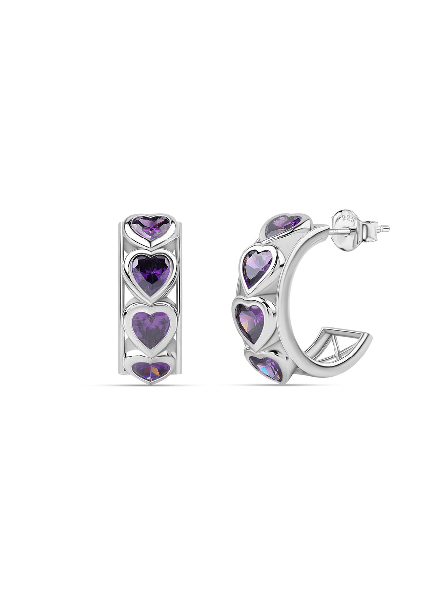 Silver Purple Amethyst CZ Triple Heart Hoop Earrings