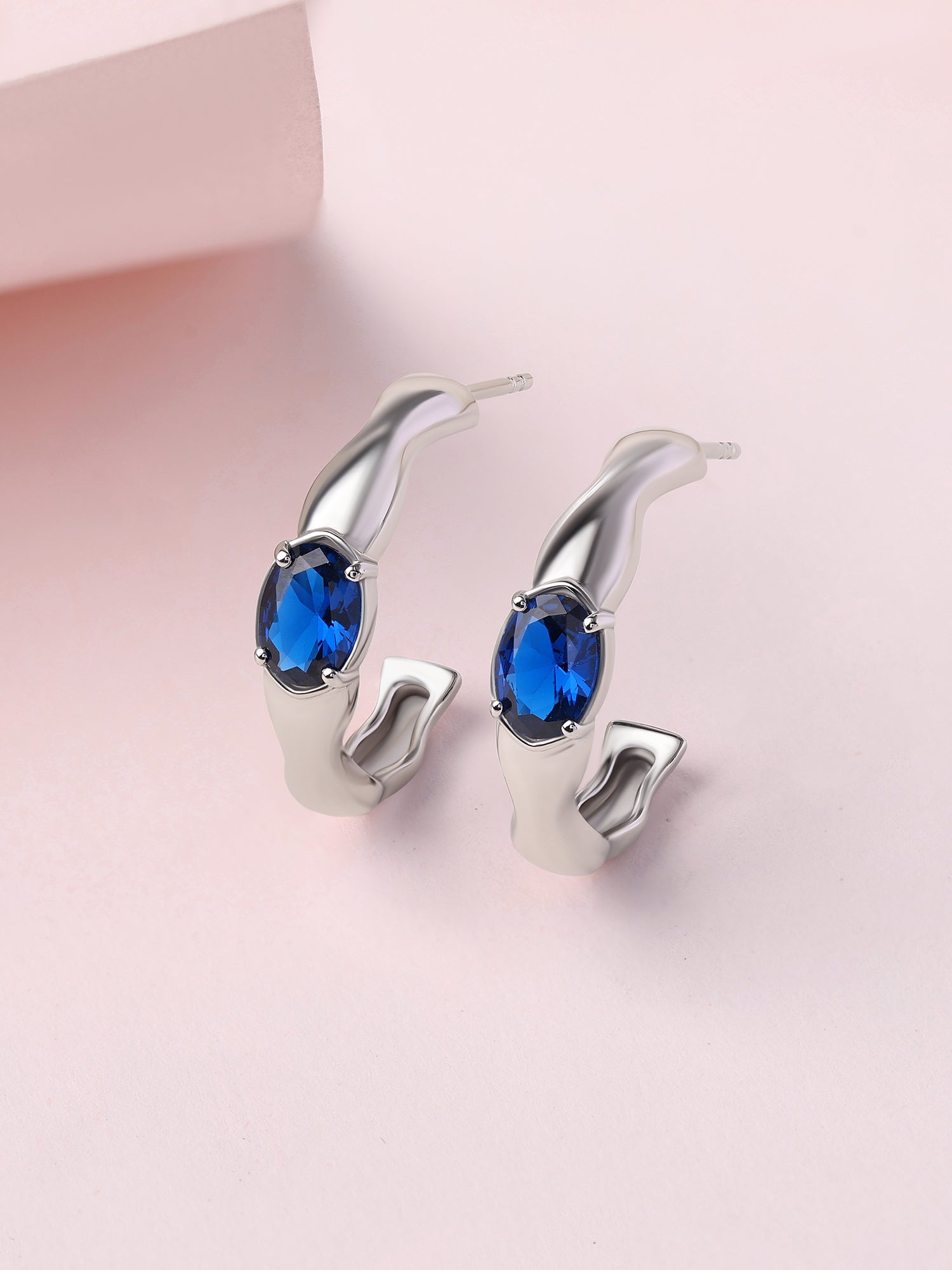 Silver Blue Sapphire CZ Wave Hoop Earrings