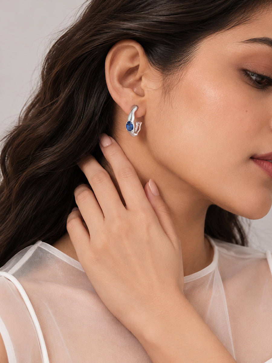 Silver Blue Sapphire CZ Wave Hoop Earrings