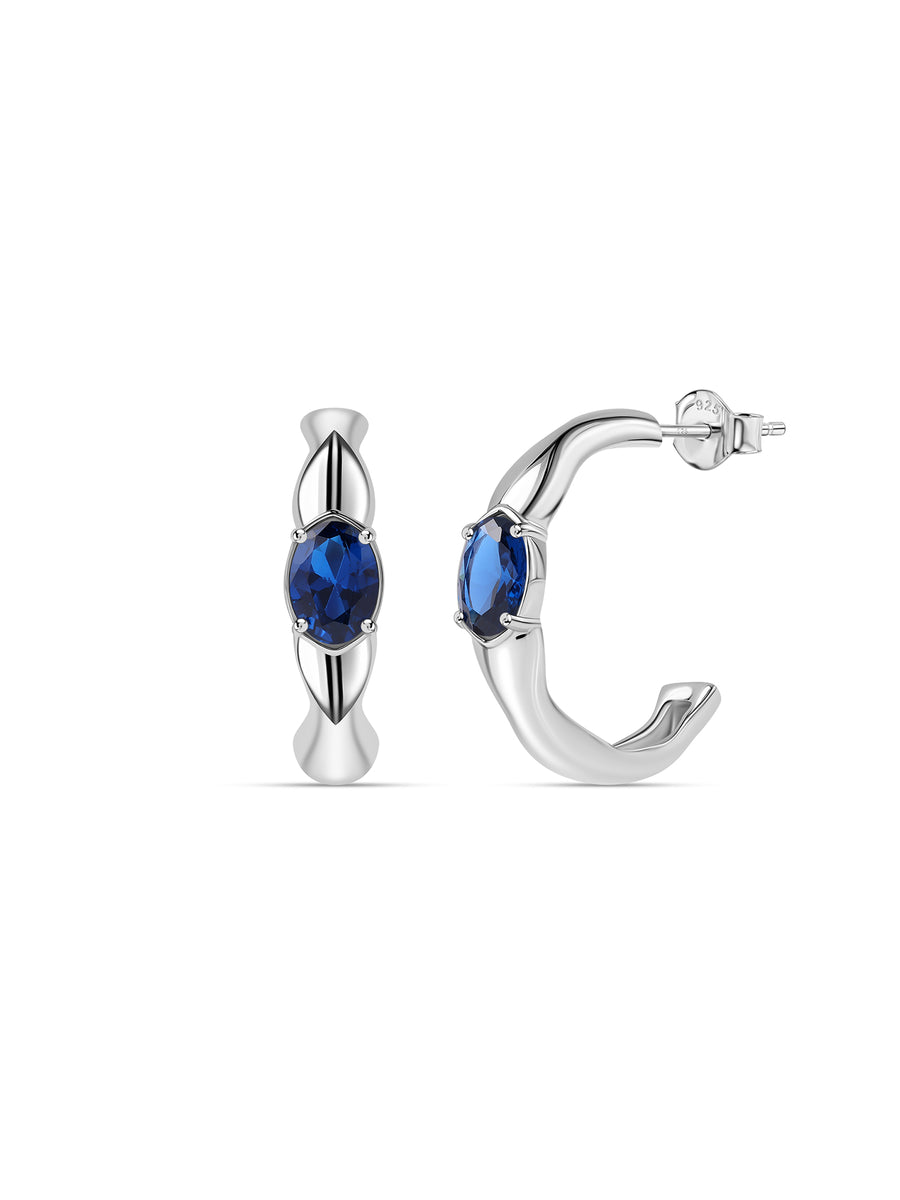 Silver Blue Sapphire CZ Wave Hoop Earrings