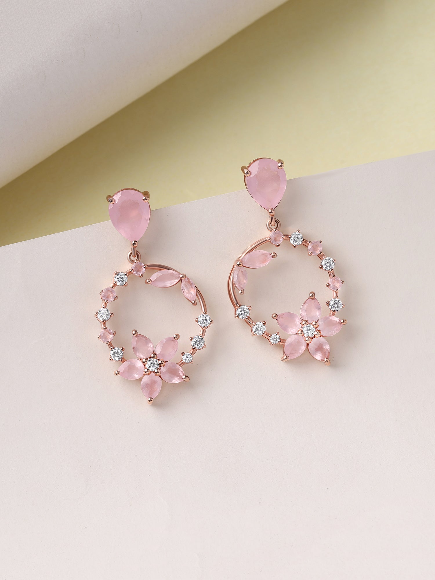 Rose Quartz Floral Drop Silver Rose Gold Plated Earrings