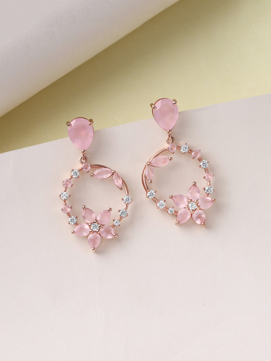 Rose Quartz Floral Drop Silver Rose Gold Plated Earrings