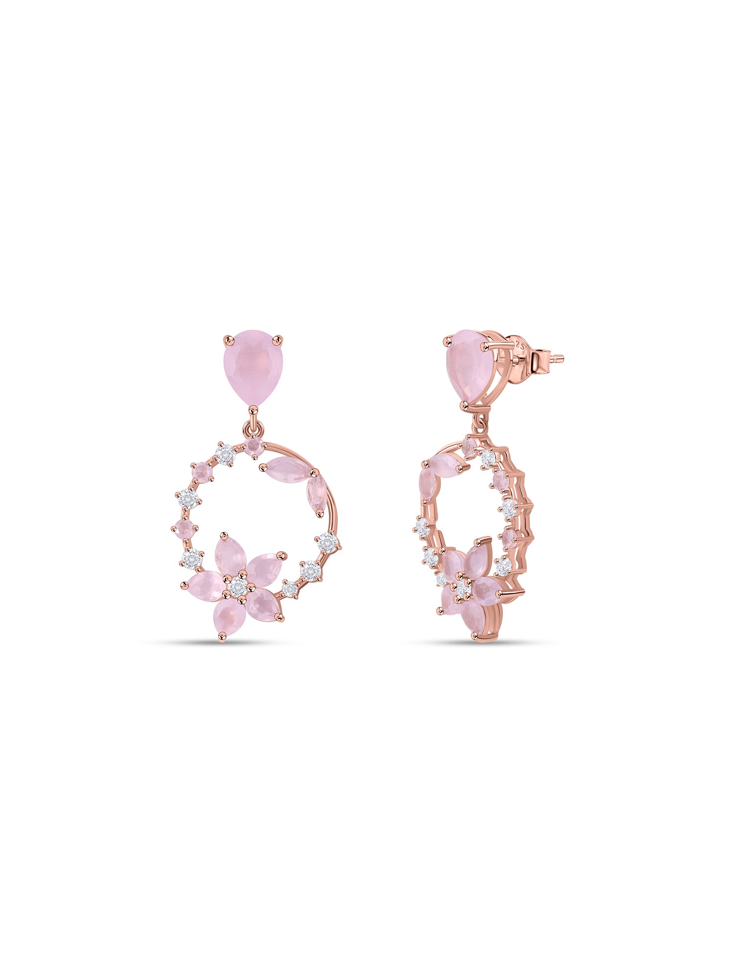 Rose Quartz Floral Drop Silver Rose Gold Plated Earrings