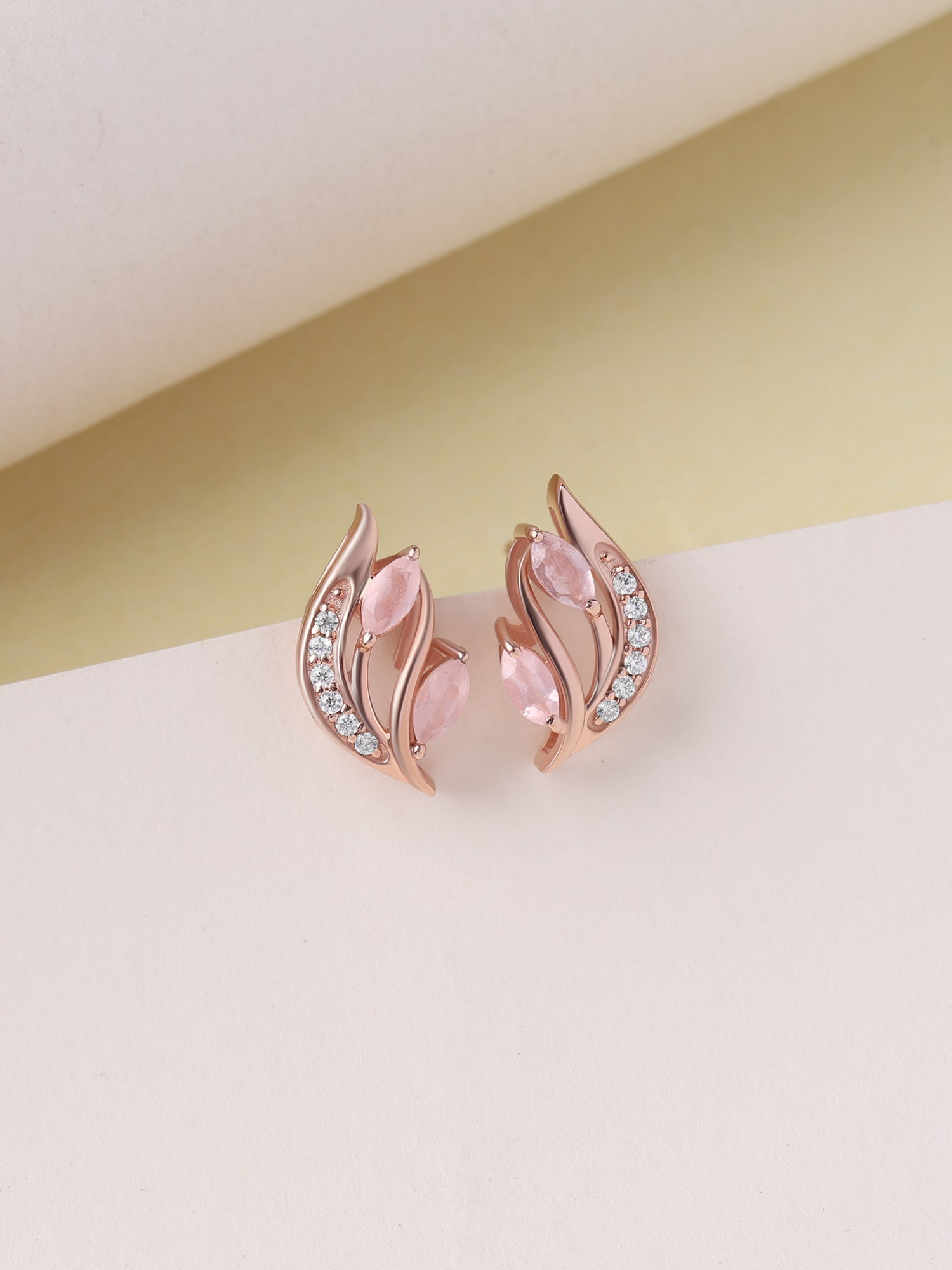 Rose Quartz Leaf Curve Silver Rose Gold Plated Earrings