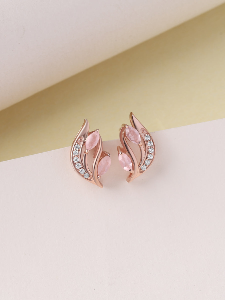 Rose Quartz Leaf Curve Silver Rose Gold Plated Earrings