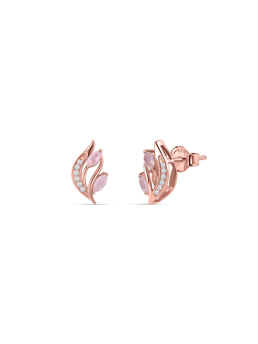 Rose Quartz Leaf Curve Silver Rose Gold Plated Earrings