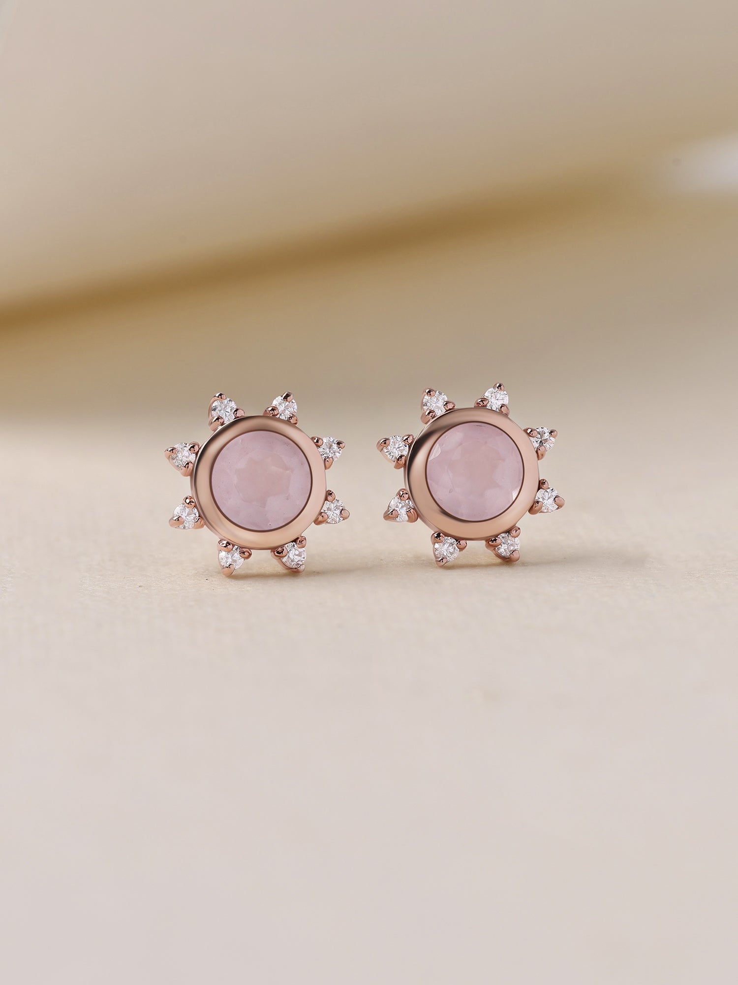 Rose Quartz Halo Stud Silver Rose Gold Plating Earrings