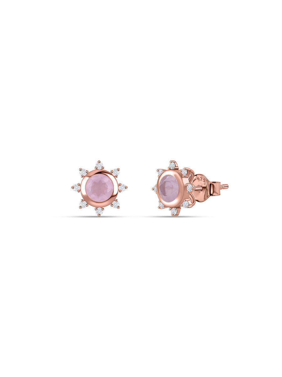 Rose Quartz Halo Stud Silver Rose Gold Plating Earrings